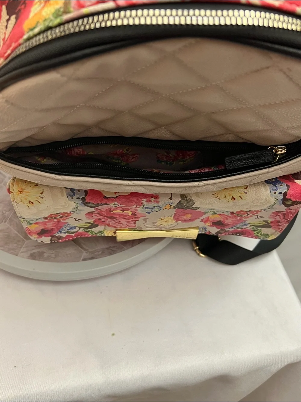 Betsey Johnson Floral Quilted Backpack White Pink Roses Gold Hardware